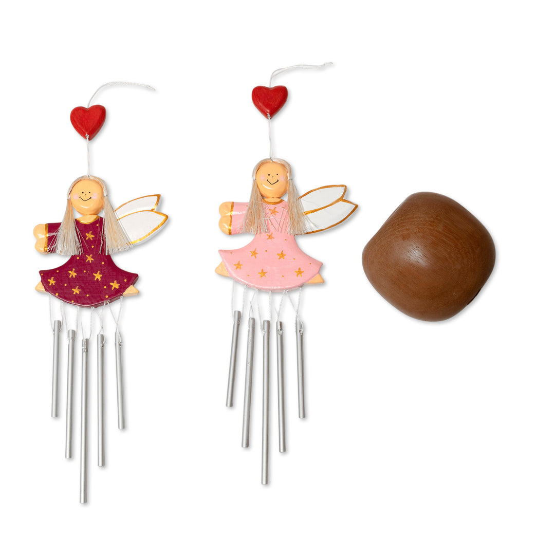 Pair of Fairy-Shaped Wood and Natural Fiber Wind Chimes - Petite Stars