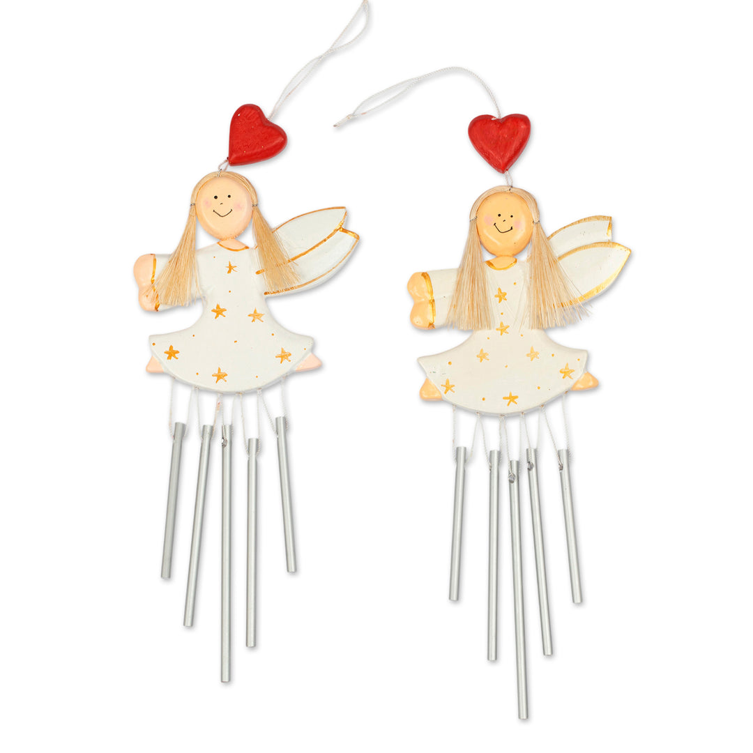 2 Hand-Painted White and Gold Fairy-Themed Wood Wind Chimes - Tiny Stars