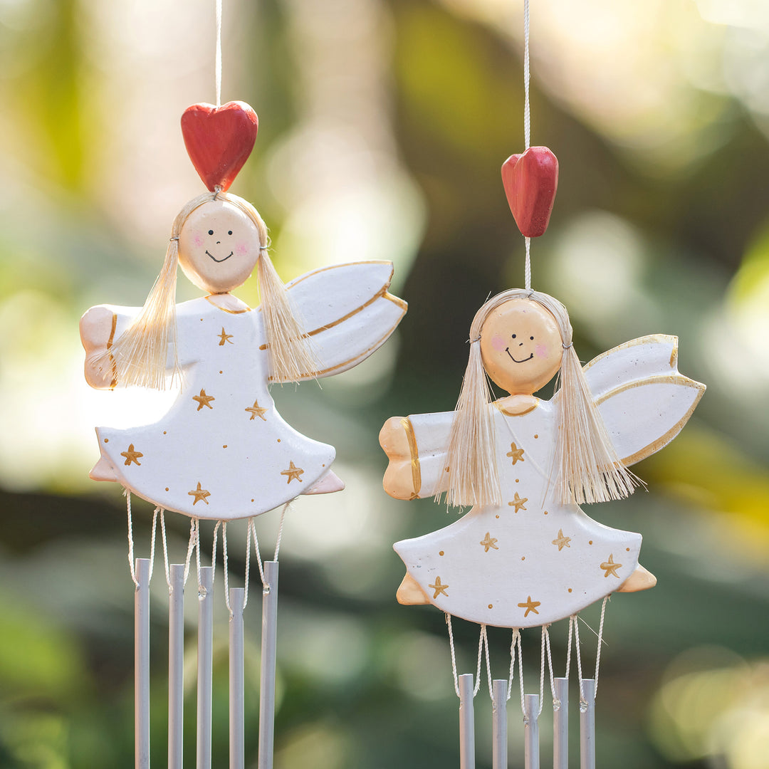 2 Hand-Painted White and Gold Fairy-Themed Wood Wind Chimes - Tiny Stars