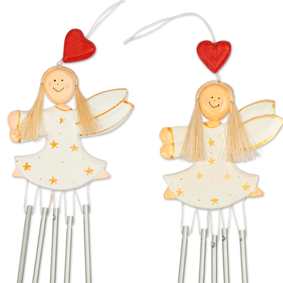 2 Hand-Painted White and Gold Fairy-Themed Wood Wind Chimes - Tiny Stars