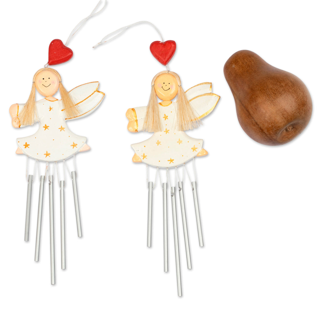 2 Hand-Painted White and Gold Fairy-Themed Wood Wind Chimes - Tiny Stars