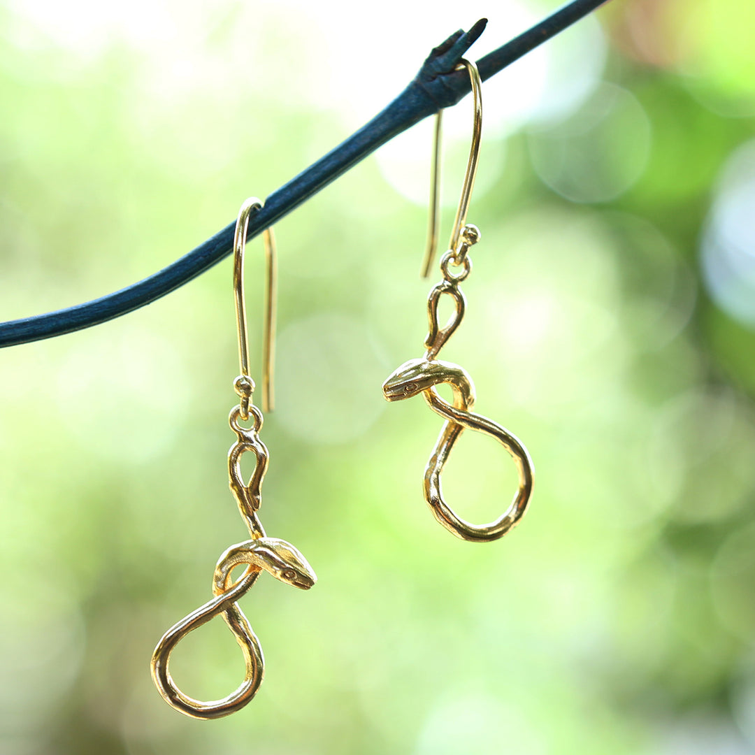 Snake Figure-Eight-Themed Gold-Plated Brass Dangle Earrings - Figure-Eight Snake