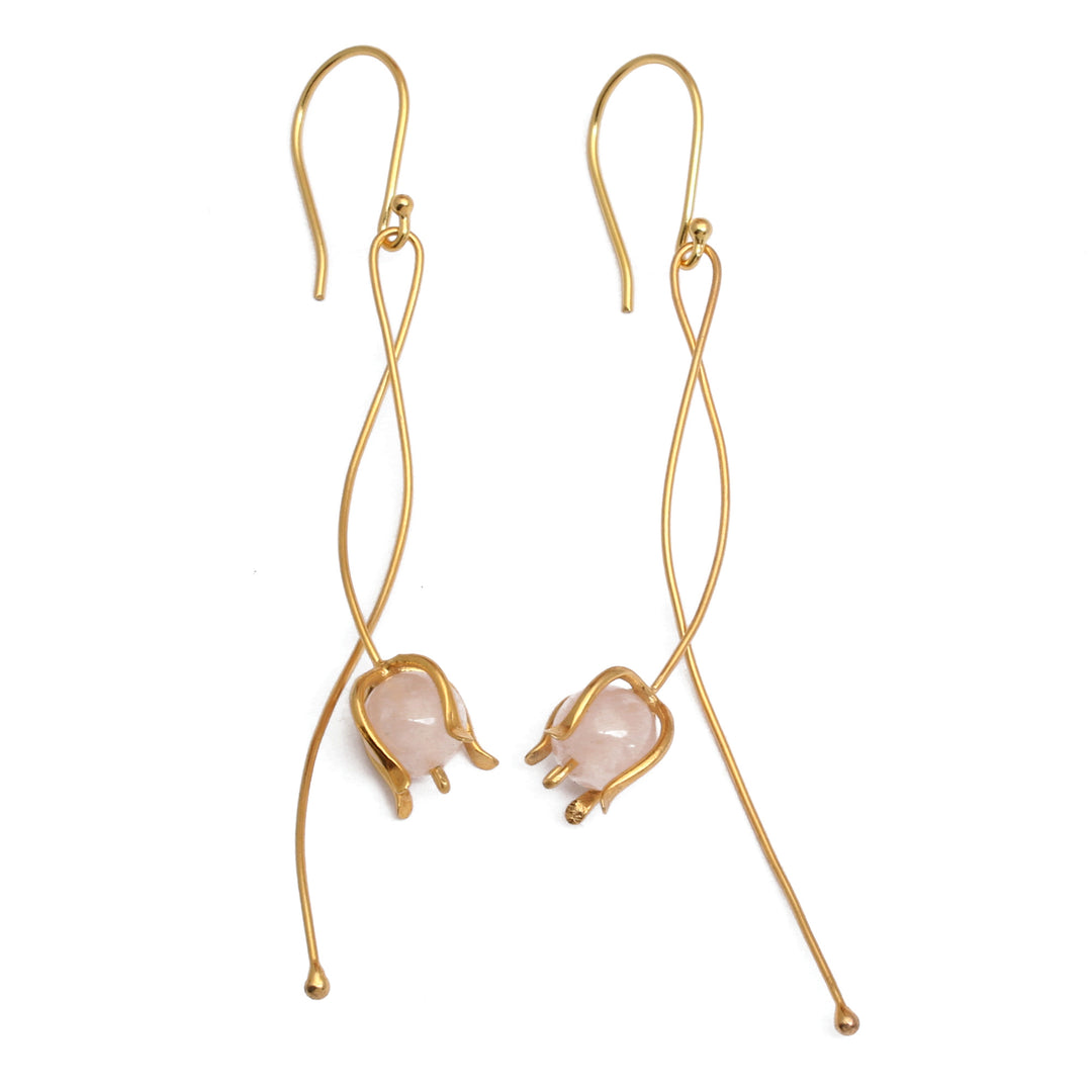 Floral Modern Gold-Plated Brass Rose Quartz Dangle Earrings - Floral Minimalism