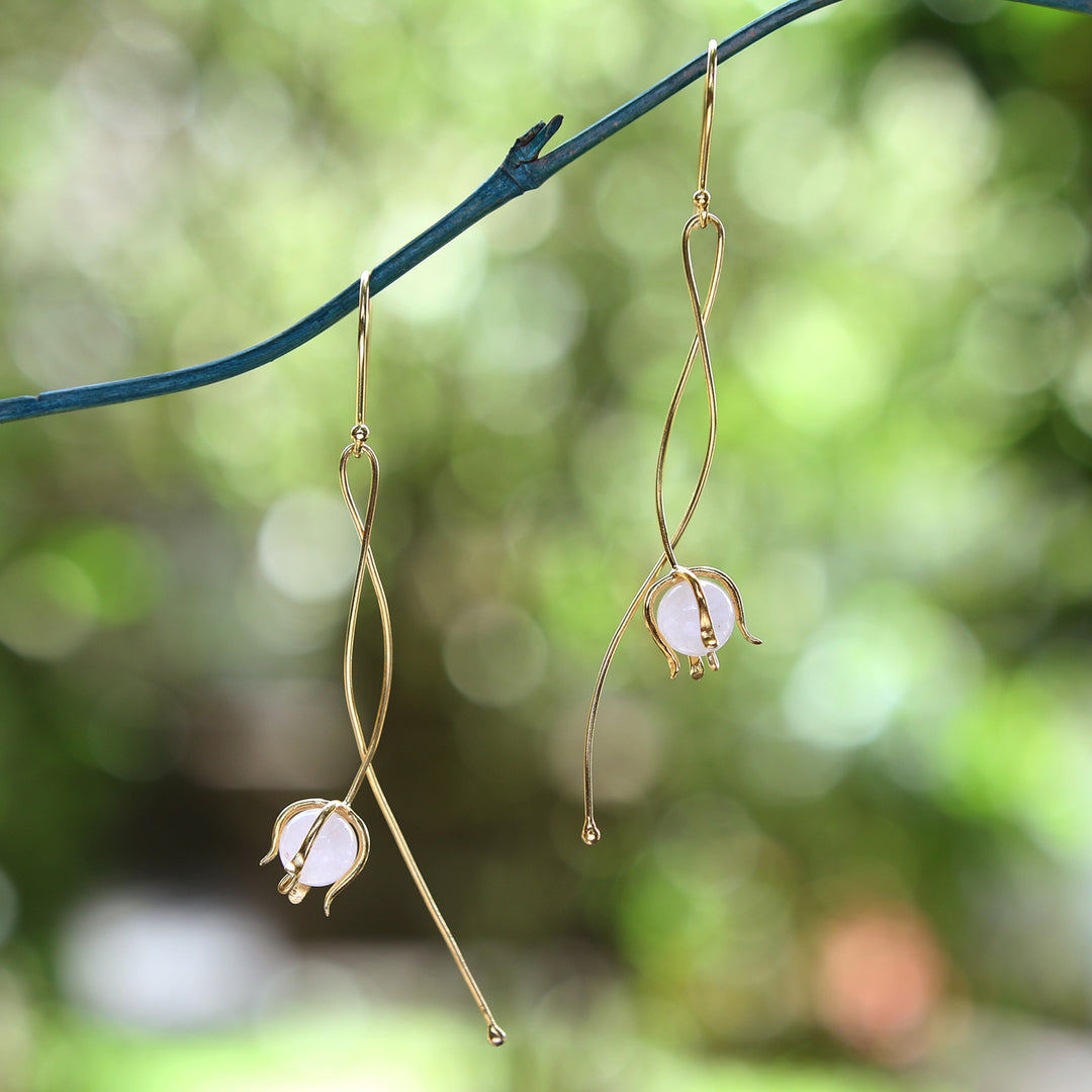 Floral Modern Gold-Plated Brass Rose Quartz Dangle Earrings - Floral Minimalism