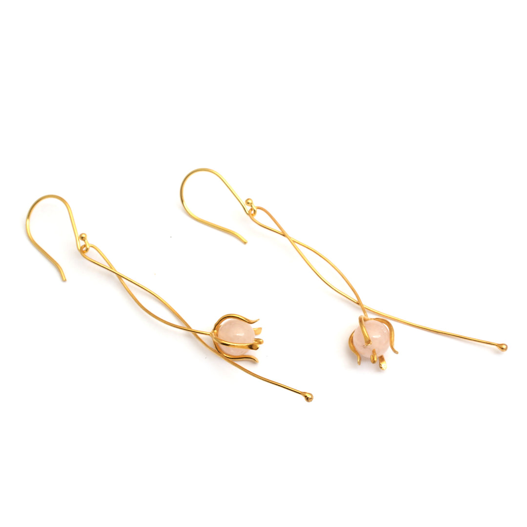 Floral Modern Gold-Plated Brass Rose Quartz Dangle Earrings - Floral Minimalism