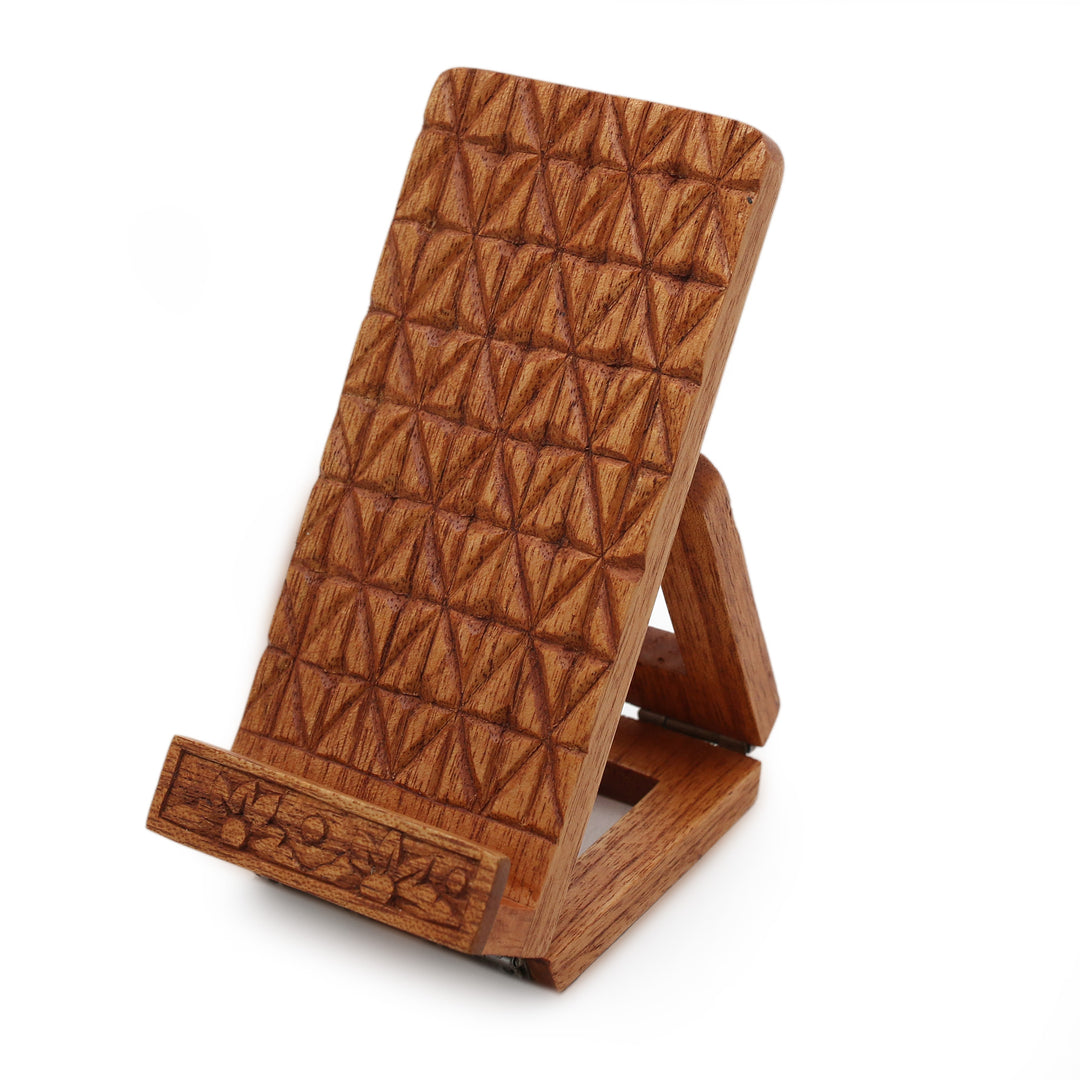 Geometric-Themed Hand-Carved Foldable Wood Phone Stand - Organic Geometry
