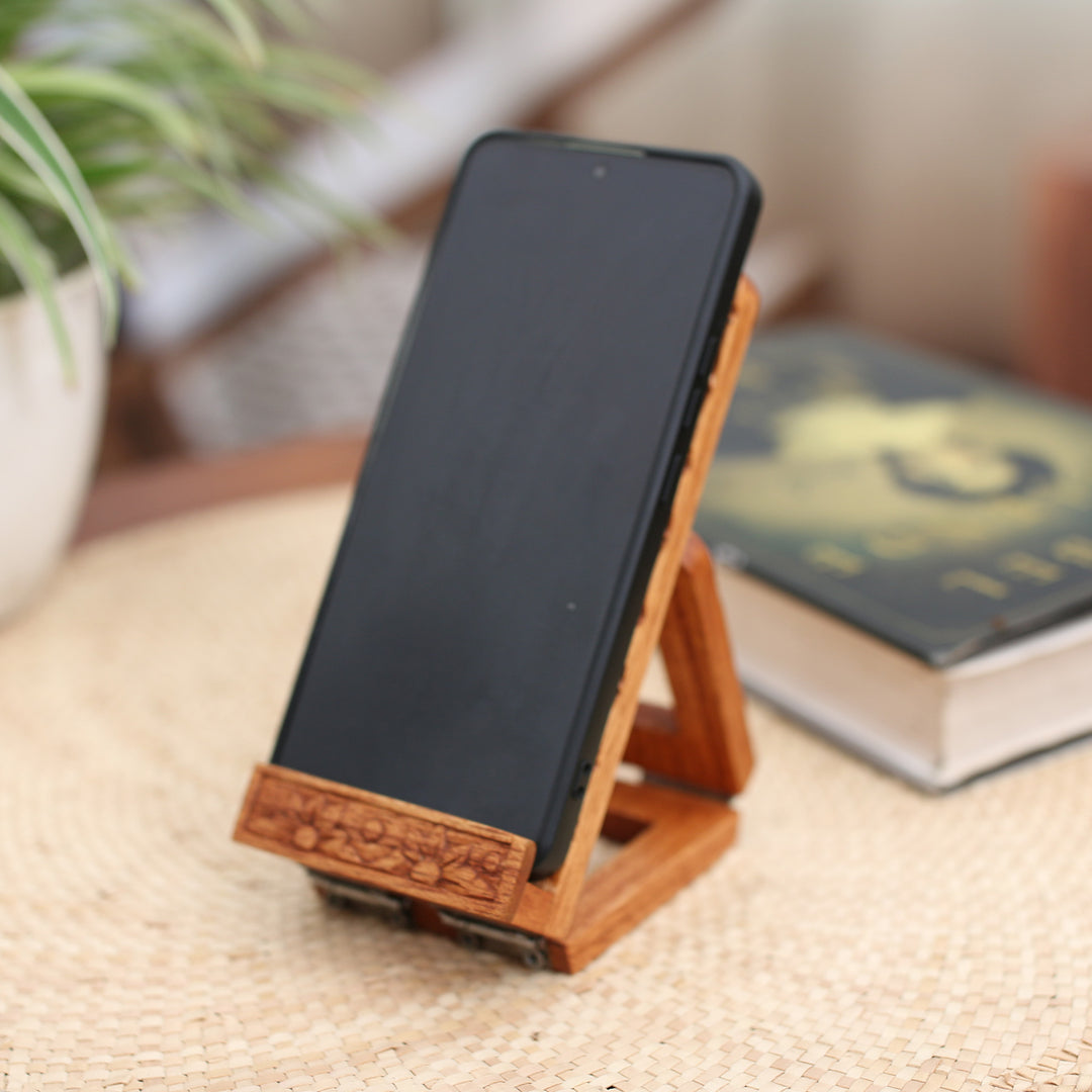 Geometric-Themed Hand-Carved Foldable Wood Phone Stand - Organic Geometry