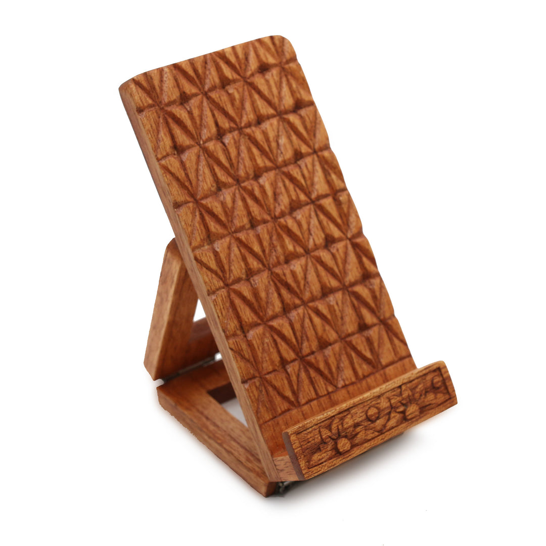 Geometric-Themed Hand-Carved Foldable Wood Phone Stand - Organic Geometry