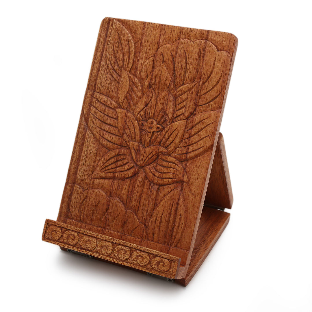 Lotus Flower-Themed Hand-Carved Foldable Wood Tablet Stand - Enchanting Lotus