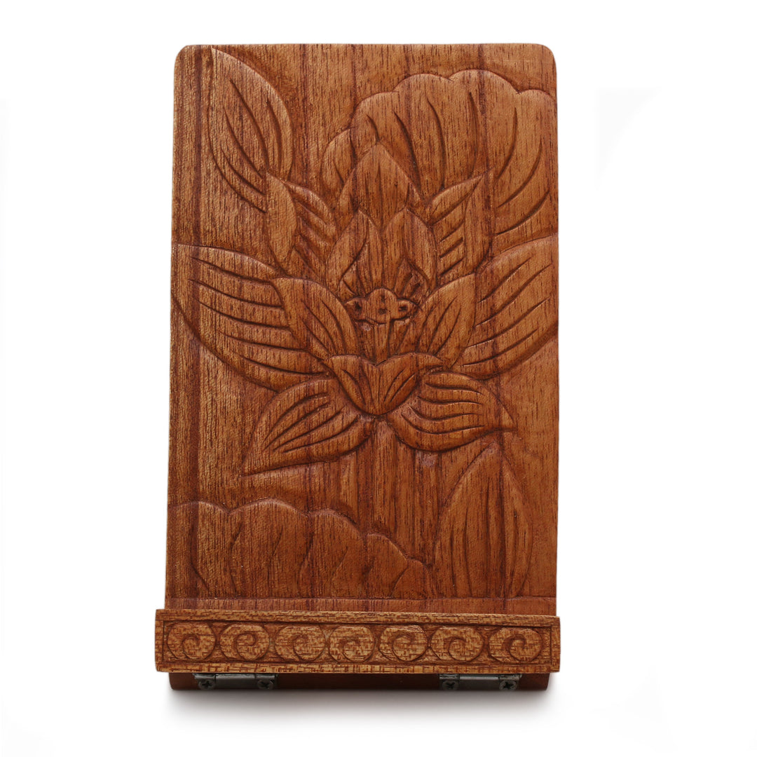 Lotus Flower-Themed Hand-Carved Foldable Wood Tablet Stand - Enchanting Lotus
