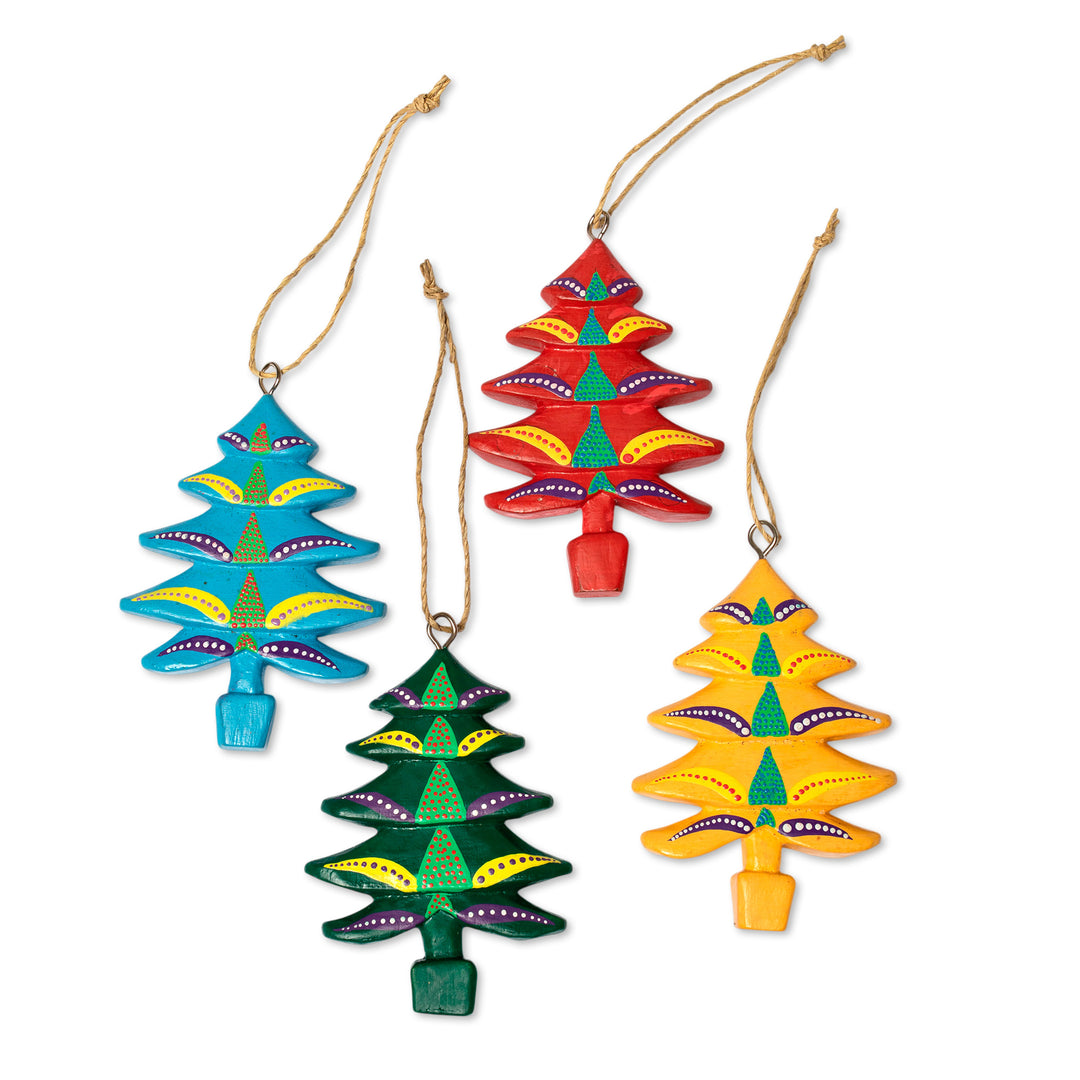 4 Christmas Pine Tree-Themed Hand-Painted Wood Ornaments - Colorful Pines