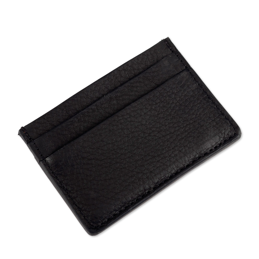Handmade 4-Slot 100% Leather Card Holder in Onyx Black Hues - Modern Onyx