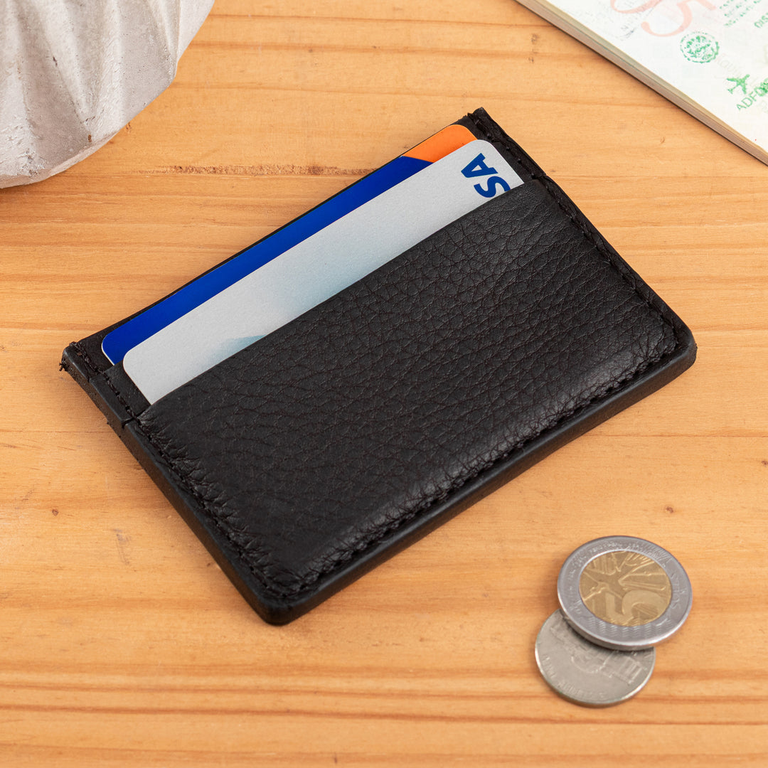 Handmade 4-Slot 100% Leather Card Holder in Onyx Black Hues - Modern Onyx