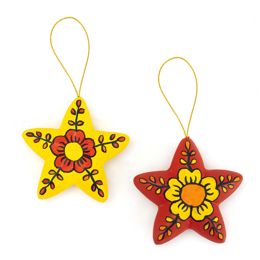 2 Hand-Painted Ceramic Star Floral Christmas Ornaments - Ayacucho Floral Stars