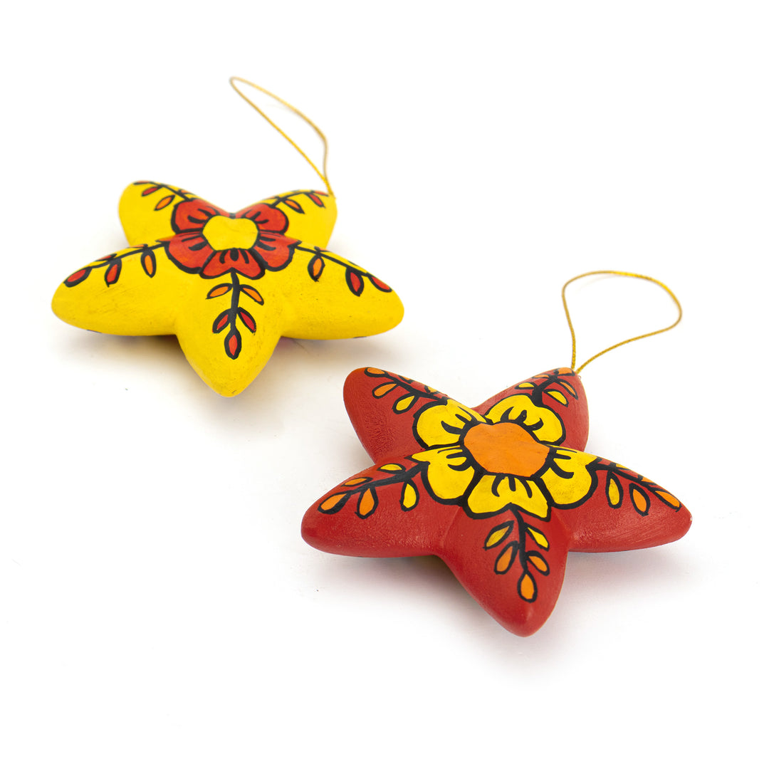 2 Hand-Painted Ceramic Star Floral Christmas Ornaments - Ayacucho Floral Stars