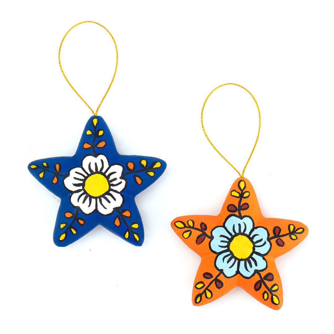 2 Orange Blue Star Floral-Themed Ceramic Christmas Ornaments - Ayacucho Flowered Stars