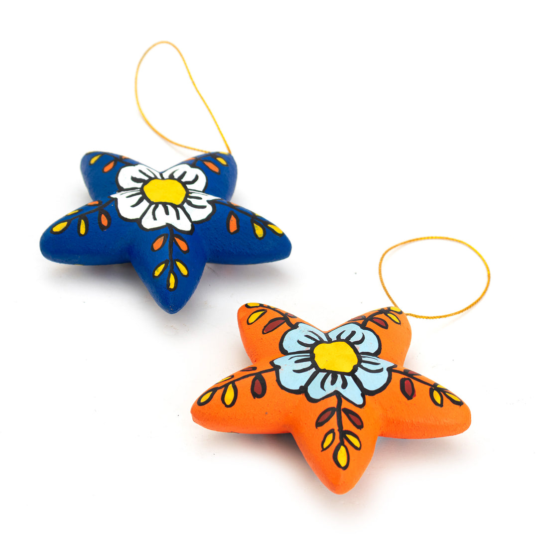 2 Orange Blue Star Floral-Themed Ceramic Christmas Ornaments - Ayacucho Flowered Stars