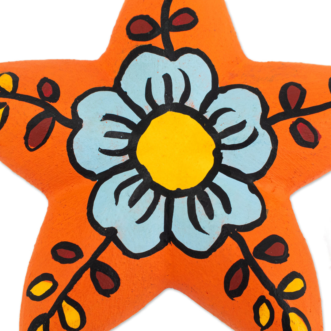 2 Orange Blue Star Floral-Themed Ceramic Christmas Ornaments - Ayacucho Flowered Stars