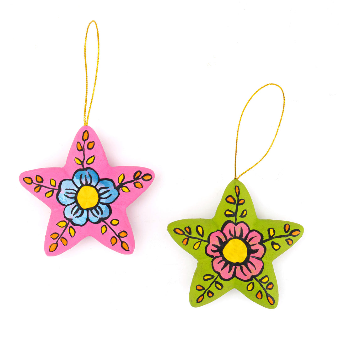 2 Colorful Ceramic Star-Shaped Floral Christmas Ornaments - Ayacucho Bloomed Stars