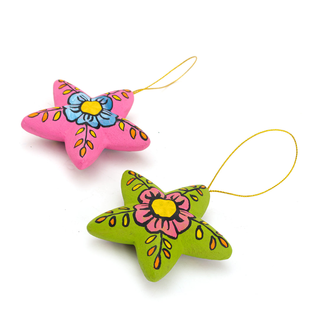 2 Colorful Ceramic Star-Shaped Floral Christmas Ornaments - Ayacucho Bloomed Stars