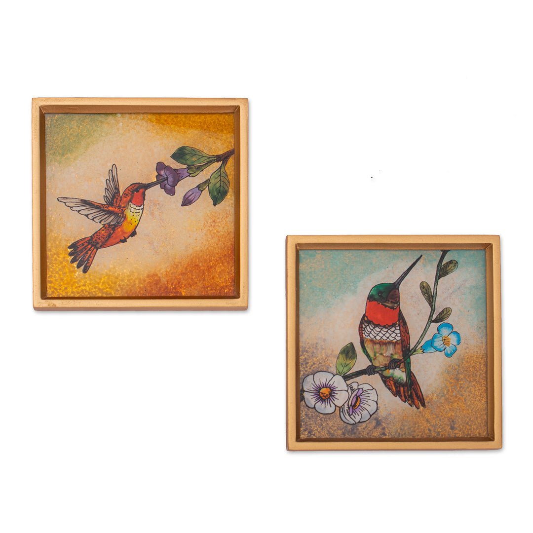 2 Hummingbird Floral-Themed Reverse-Painted Glass Coasters - Sunset Hummingbirds