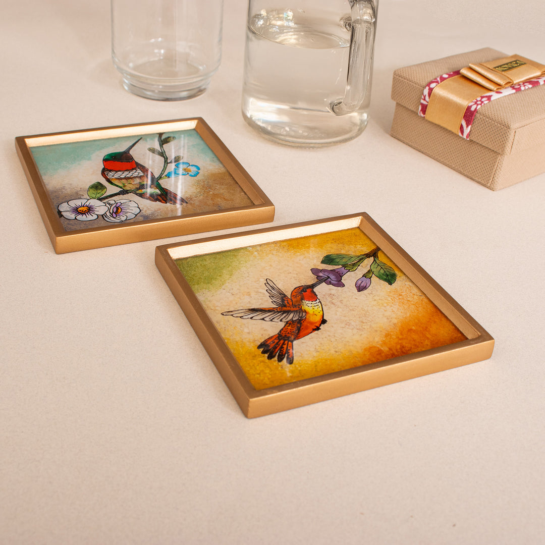 2 Hummingbird Floral-Themed Reverse-Painted Glass Coasters - Sunset Hummingbirds