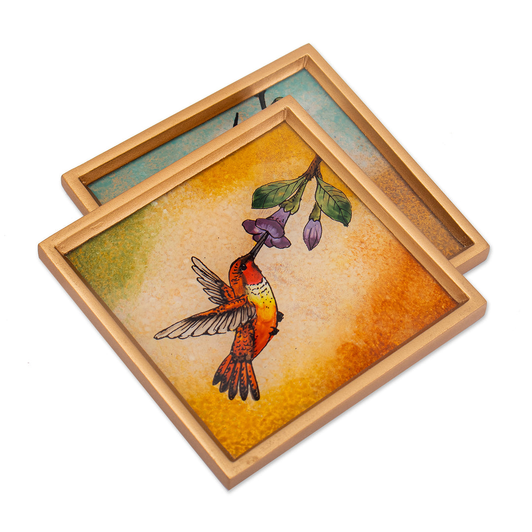 2 Hummingbird Floral-Themed Reverse-Painted Glass Coasters - Sunset Hummingbirds