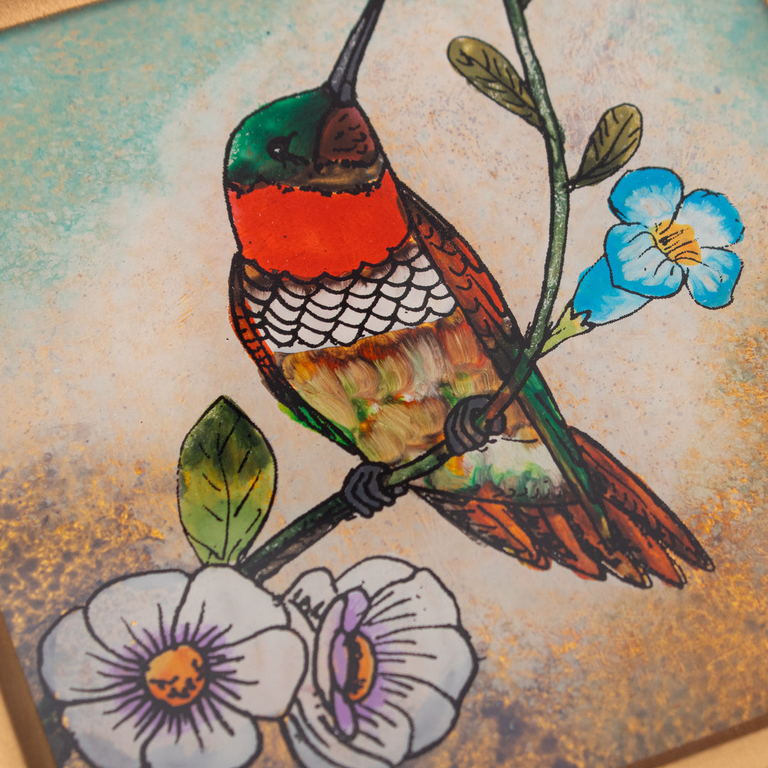 2 Hummingbird Floral-Themed Reverse-Painted Glass Coasters - Sunset Hummingbirds