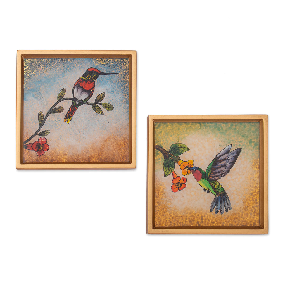 2 Hummingbird Floral-Themed Reverse-Painted Glass Coasters - Sunrise Hummingbirds