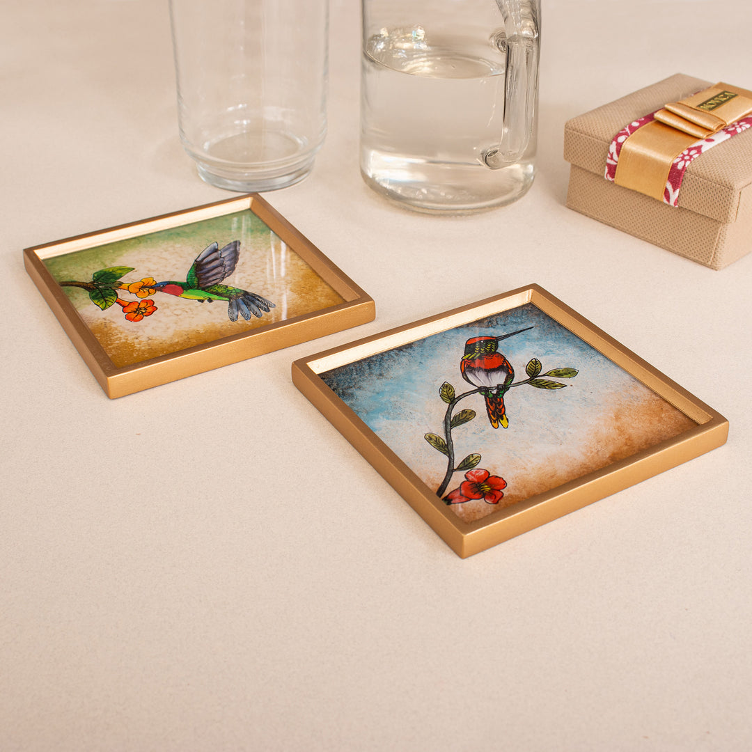 2 Hummingbird Floral-Themed Reverse-Painted Glass Coasters - Sunrise Hummingbirds