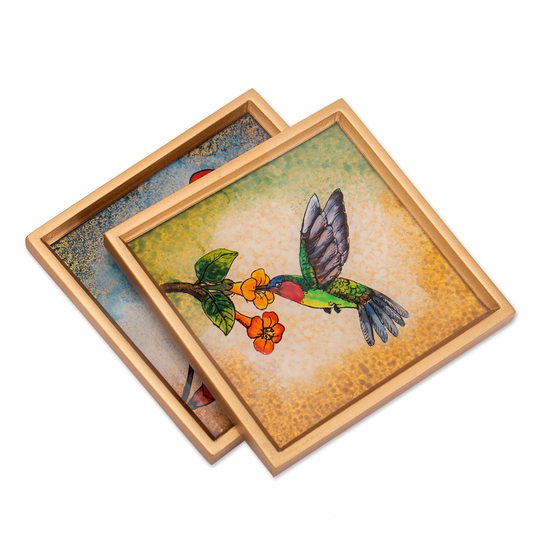 2 Hummingbird Floral-Themed Reverse-Painted Glass Coasters - Sunrise Hummingbirds