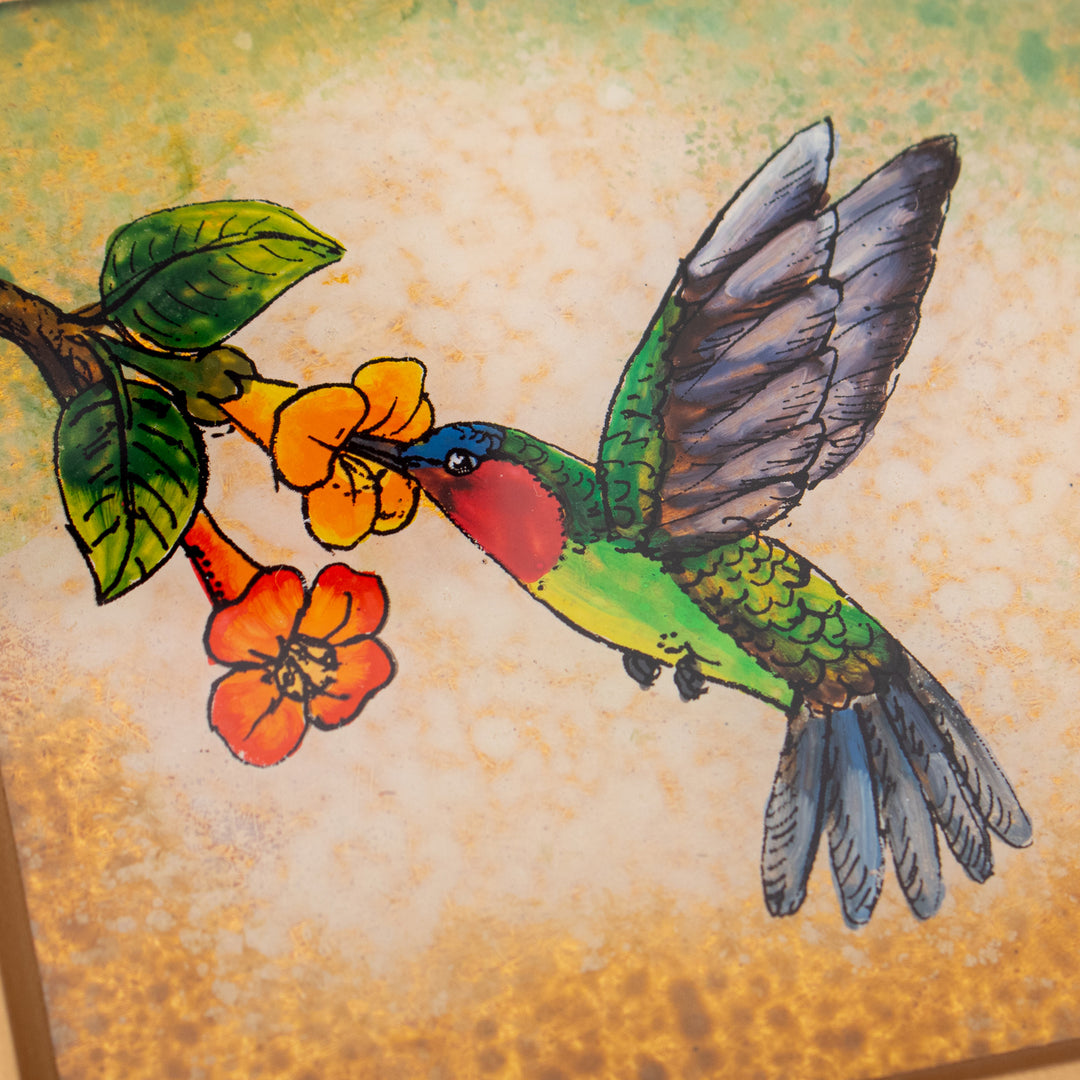 2 Hummingbird Floral-Themed Reverse-Painted Glass Coasters - Sunrise Hummingbirds