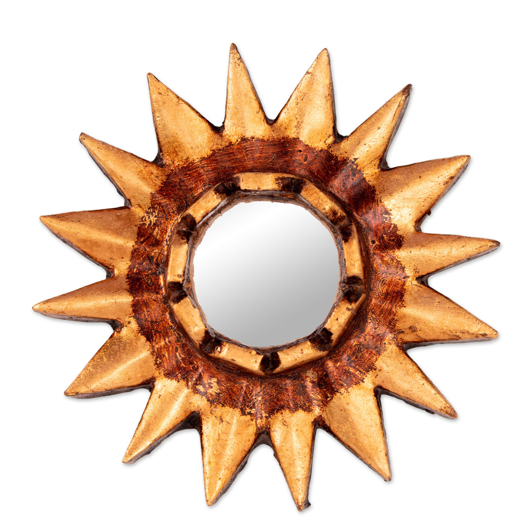 Sun-Shaped Antiqued Bronze-Gilded Mirrored Wood Wall Accent - Resplendent Sun