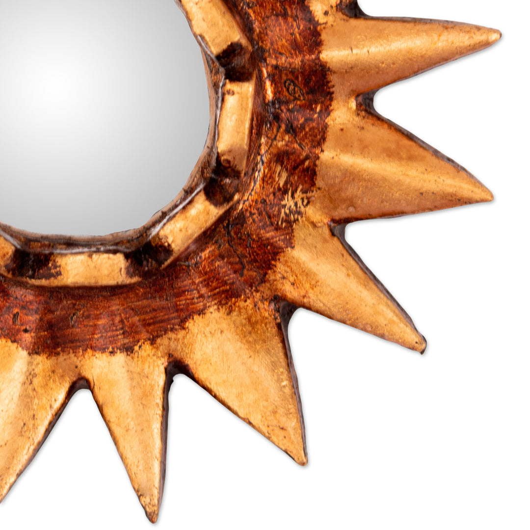 Sun-Shaped Antiqued Bronze-Gilded Mirrored Wood Wall Accent - Resplendent Sun