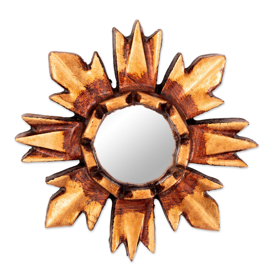 Sun-Themed Bronze-Gilded Small Mirrored Wood Wall Accent - Mystic Sun