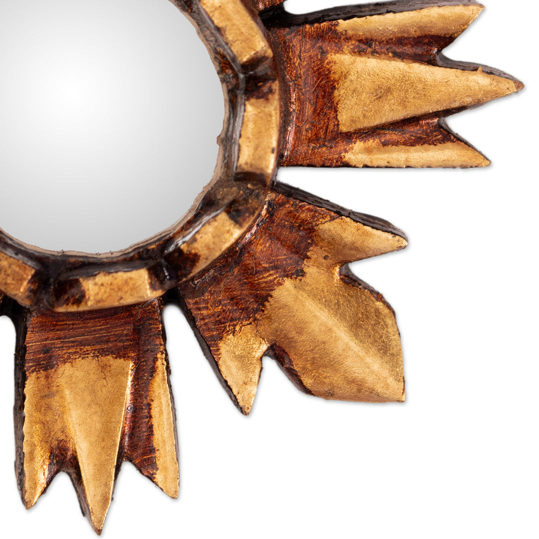 Sun-Themed Bronze-Gilded Small Mirrored Wood Wall Accent - Mystic Sun