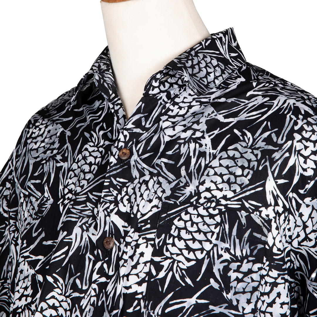 Men's Batik Cotton Shirt with Hand-Stamped Pineapple Motifs - Black Pineapple Garden