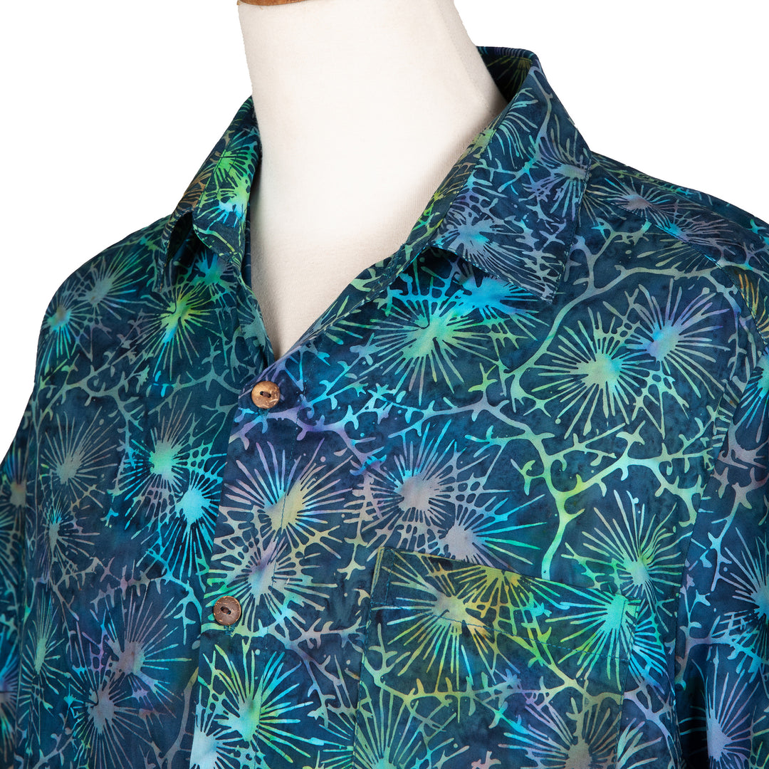 Men's Blue Green Cotton Shirt with Abstract Batik Patterns - Blue Fireworks