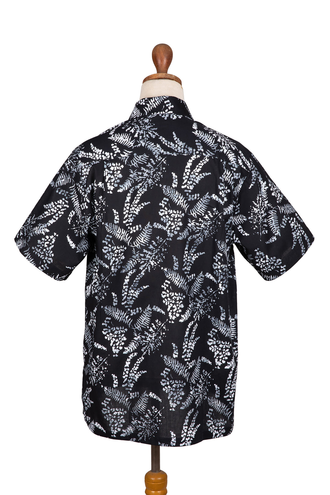 Men's Black and White Batik Cotton Shirt with Fern Patterns - White Ferns