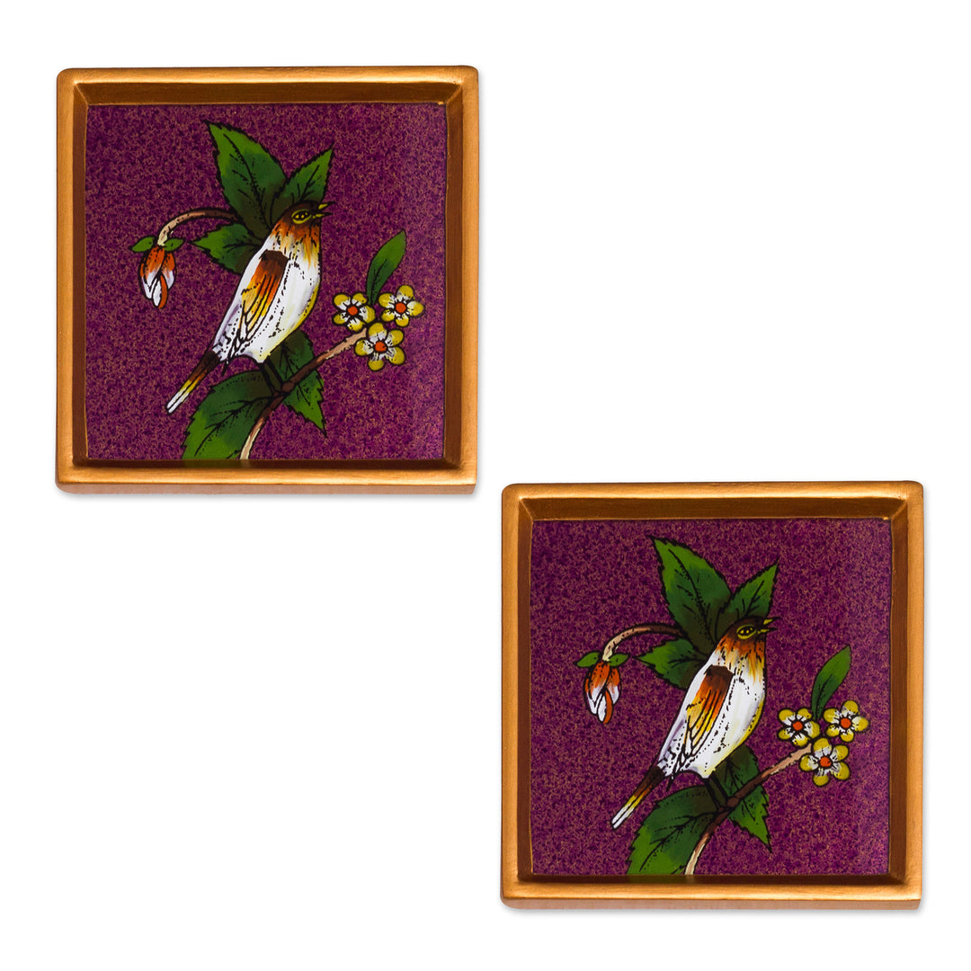 Purple and Golden Bird Reverse-Painted Glass Coaster Pair - Floral Songbird