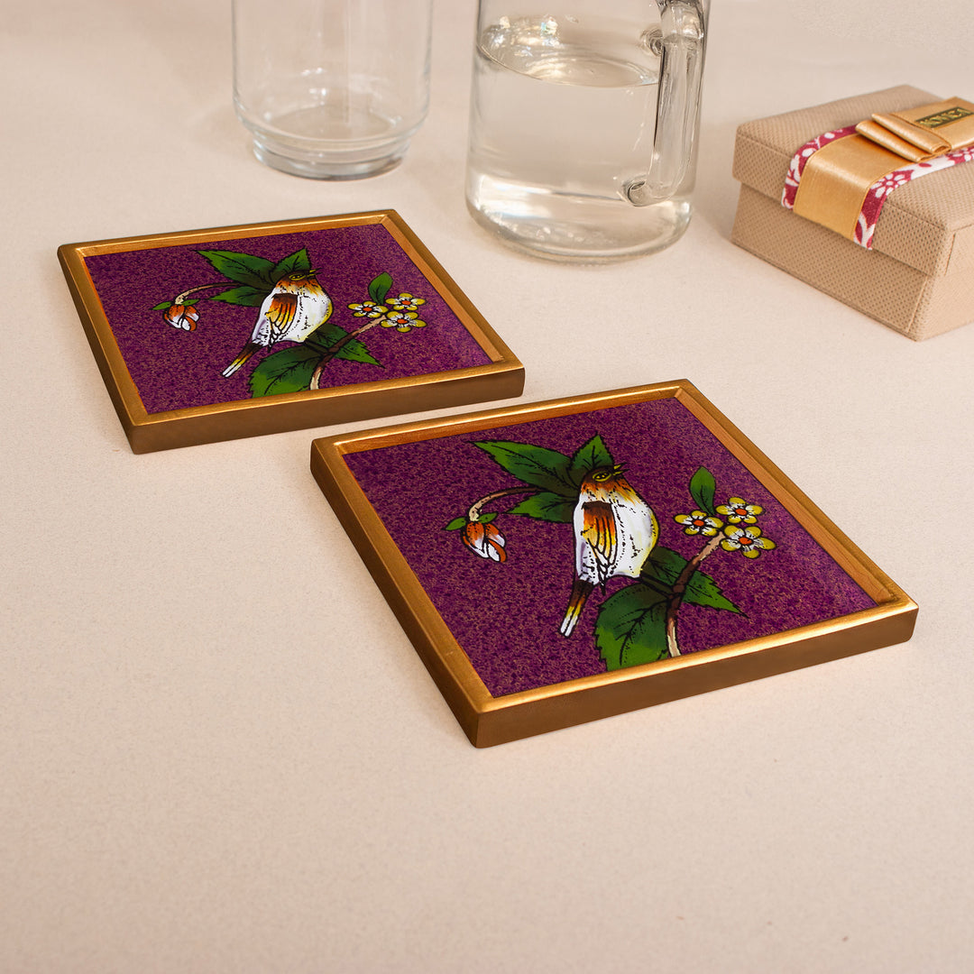 Purple and Golden Bird Reverse-Painted Glass Coaster Pair - Floral Songbird
