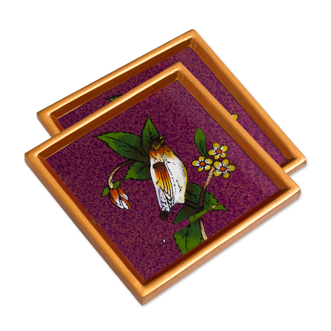Purple and Golden Bird Reverse-Painted Glass Coaster Pair - Floral Songbird