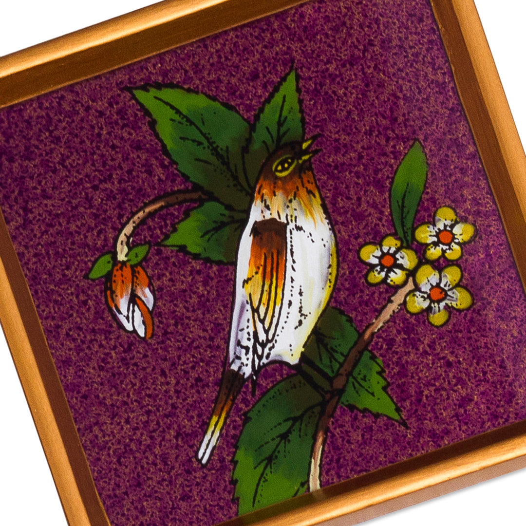 Purple and Golden Bird Reverse-Painted Glass Coaster Pair - Floral Songbird