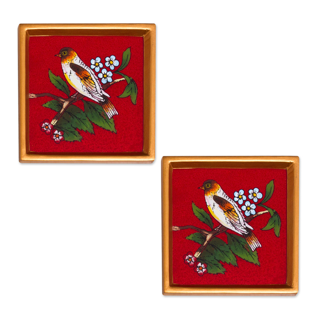 Red and Golden Reverse-Painted Glass Spring Coaster Pair - Passionate Songbird
