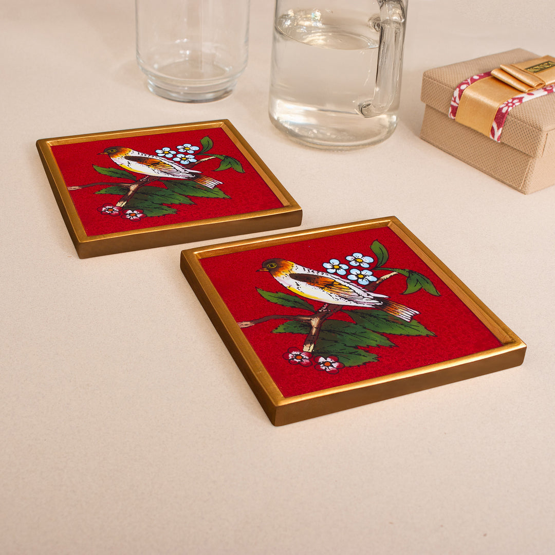 Red and Golden Reverse-Painted Glass Spring Coaster Pair - Passionate Songbird
