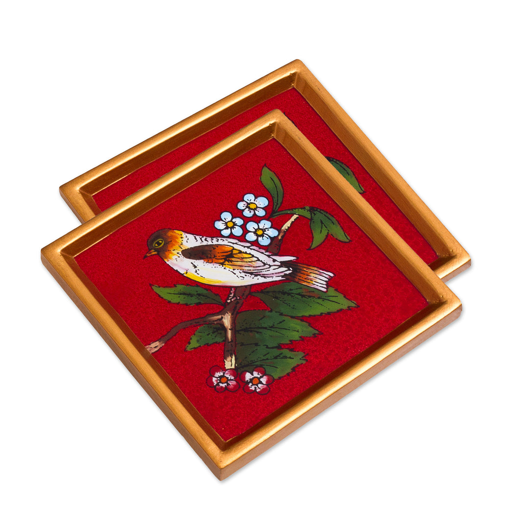 Red and Golden Reverse-Painted Glass Spring Coaster Pair - Passionate Songbird