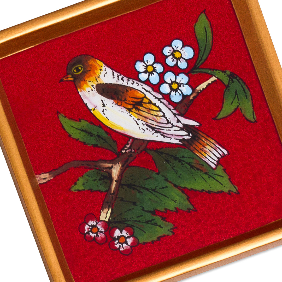 Red and Golden Reverse-Painted Glass Spring Coaster Pair - Passionate Songbird