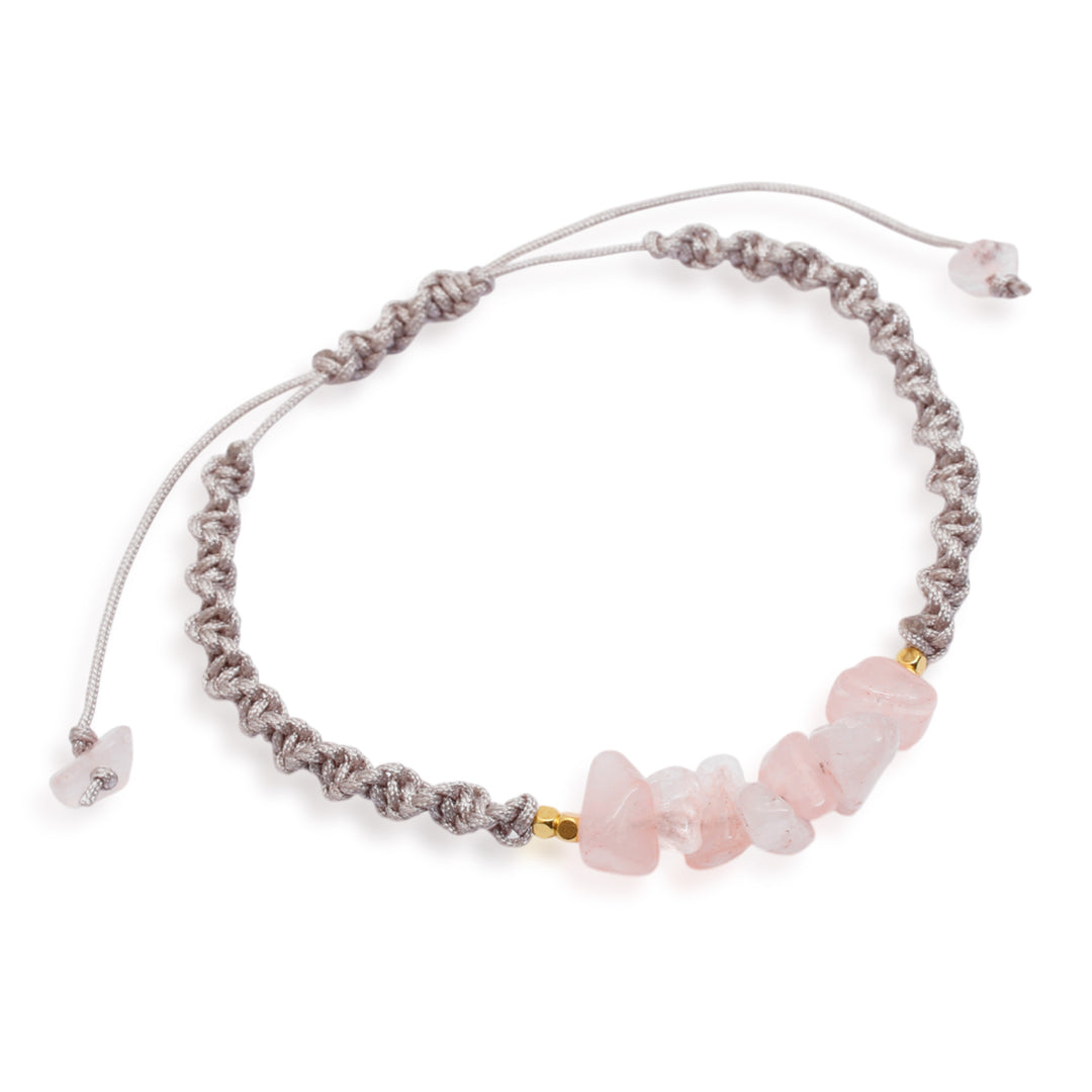 Gold-Accented Rose Quartz Rainbow Moonstone Macrame Bracelet - Pink Candy