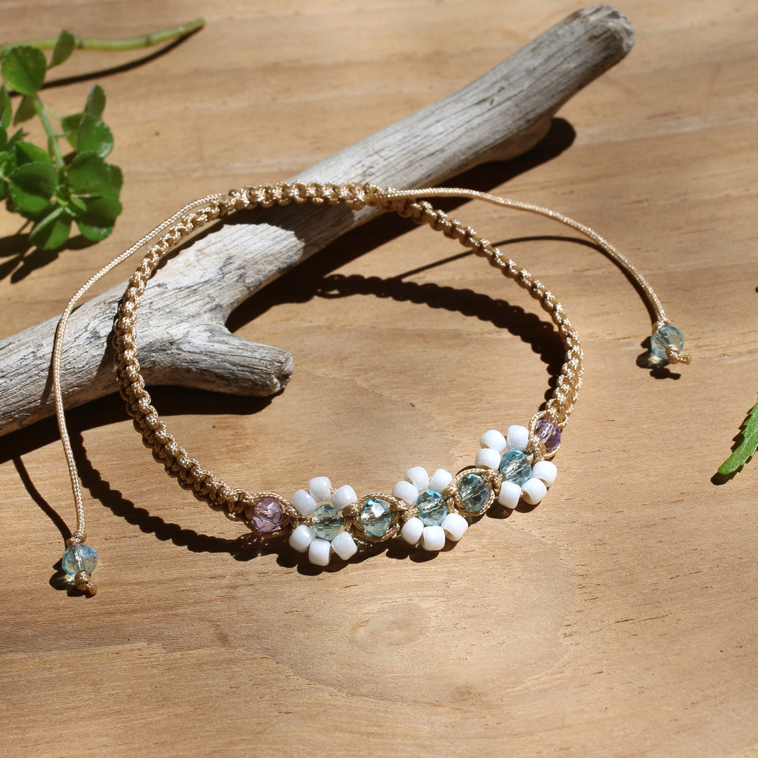 Gold-Accented Rose Quartz Rainbow Moonstone Macrame Bracelet - Pink Candy