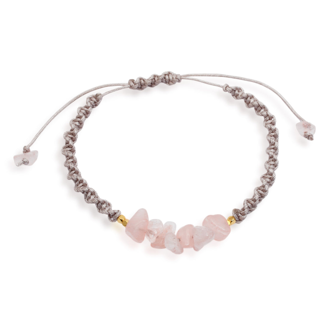 Gold-Accented Rose Quartz Rainbow Moonstone Macrame Bracelet - Pink Candy